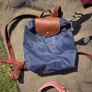 very LIGHTLY used Longchamp Blue and Brown Backpack with Leather Trim